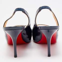 مملوكة مسبقًا Christian Louboutin Navy Blue Patent Leather Private Number Peep Toe Slingback Sandals Size 37
