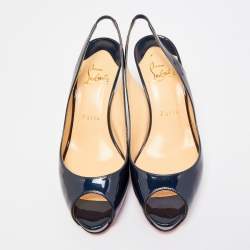 مملوكة مسبقًا Christian Louboutin Navy Blue Patent Leather Private Number Peep Toe Slingback Sandals Size 37
