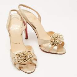 Christian Louboutin Metallic Laminated Suede Flower Detail Slingback Sandals Size 36