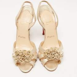 Christian Louboutin Metallic Laminated Suede Flower Detail Slingback Sandals Size 36