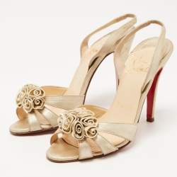 Christian Louboutin Metallic Laminated Suede Flower Detail Slingback Sandals Size 36