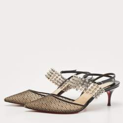 Pre Owned Christian Louboutin Black Lace, Leather and Spiked PVC Levita Rete Pumps Size 38.5