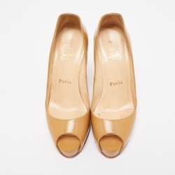Pre Owned Christian Louboutin Beige Patent Leather Very Prive Pumps Size 35