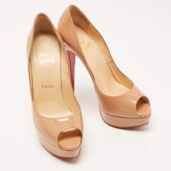 Pre Owned Christian Louboutin Beige Patent Leather Lady Peep Pumps Size 39