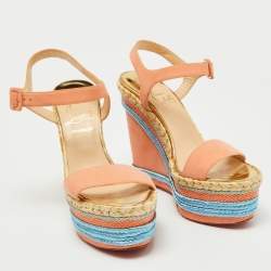 Christian Louboutin Peach Pink Leather New Duplice Wedge Sandals Size 38