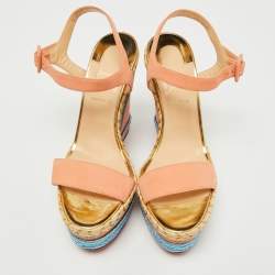 Christian Louboutin Peach Pink Leather New Duplice Wedge Sandals Size 38