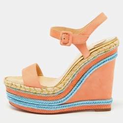 Christian Louboutin Peach Pink Leather New Duplice Wedge Sandals Size 38