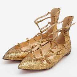 Pre Owned Christian Louboutin Gold Glitter Leather Toerless Muse Cage Ballet Flats Size 39