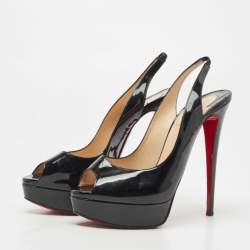 Pre Owned Christian Louboutin Black Patent Leather Lady Peep Platform Peep Toe Slingback Sandals Size 39