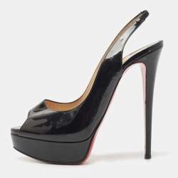 Pre Owned Christian Louboutin Black Patent Leather Lady Peep Platform Peep Toe Slingback Sandals Size 39