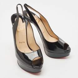 Pre Owned Christian Louboutin Black Patent Leather Lady Peep Platform Peep Toe Slingback Sandals Size 39
