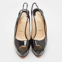 Pre Owned Christian Louboutin Black Patent Leather Lady Peep Platform Peep Toe Slingback Sandals Size 39