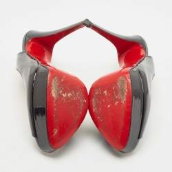 Pre Owned Christian Louboutin Black Patent Leather Lady Peep Platform Peep Toe Slingback Sandals Size 39