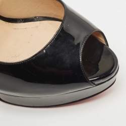 Pre Owned Christian Louboutin Black Patent Leather Lady Peep Platform Peep Toe Slingback Sandals Size 39