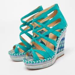 Christian Louboutin Green Suede Caged Espadrille Tosca Wedge Platform Sandals Size 39