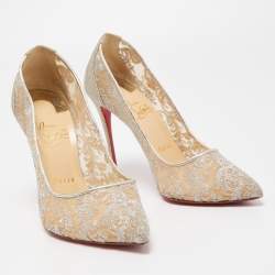 Pre Owned Christian Louboutin Silver Lace and Glitter Pigalle Follies Pumps Size 37.5