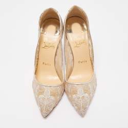 Pre Owned Christian Louboutin Silver Lace and Glitter Pigalle Follies Pumps Size 37.5