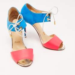 Pre Owned Christian Louboutin Pink/Blue Leather and Suede Mayerling Sandals Size 38.5