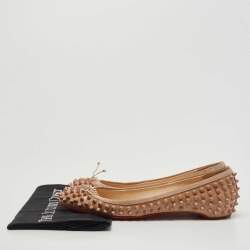 Pre Owned Christian Louboutin Beige Patent Leather Sonietta Spikes Bow Ballet Flats Size 39
