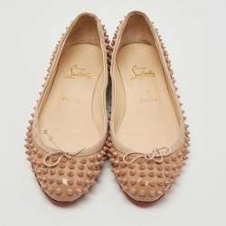 Pre Owned Christian Louboutin Beige Patent Leather Sonietta Spikes Bow Ballet Flats Size 39