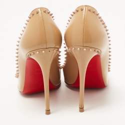 Christian Louboutin Beige Patent Leather Anjalina Spike Pointed Toe Pumps Size 38.5