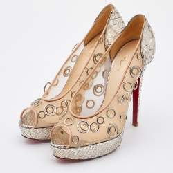 Christian Louboutin Python and Mesh Rings Pierce 140 Peep Toe Platform Pumps Size 38