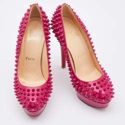 Pre Owned حذاء كعب عالي كريستيان لوبوتان ألتي سبايك جلد أحمر لامع نعل سميك مقاس 37.5