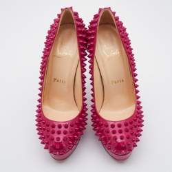 Pre Owned حذاء كعب عالي كريستيان لوبوتان ألتي سبايك جلد أحمر لامع نعل سميك مقاس 37.5