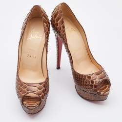 مملوكة مسبقًا Christian Louboutin Brown Python Lady Peep Platform Pumps Size 36.5