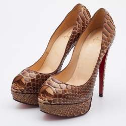 مملوكة مسبقًا Christian Louboutin Brown Python Lady Peep Platform Pumps Size 36.5