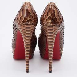 مملوكة مسبقًا Christian Louboutin Brown Python Lady Peep Platform Pumps Size 36.5