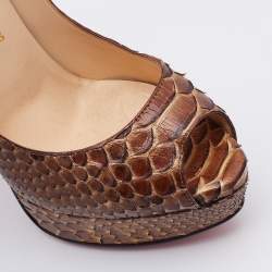 مملوكة مسبقًا Christian Louboutin Brown Python Lady Peep Platform Pumps Size 36.5