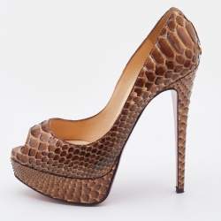 مملوكة مسبقًا Christian Louboutin Brown Python Lady Peep Platform Pumps Size 36.5
