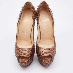 مملوكة مسبقًا Christian Louboutin Brown Python Lady Peep Platform Pumps Size 36.5