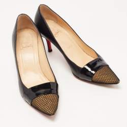 Pre Owned Christian Louboutin Black Leather and Mesh Cap Toe Pumps Size 38