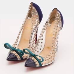 Pre Owned Christian Louboutin Transparent/Blue Studded PVC, Suede and Patent Leather Bille Et Boule Pumps Size 38.5