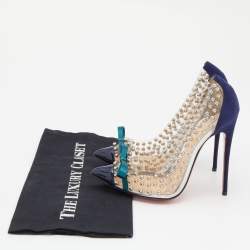 Pre Owned Christian Louboutin Transparent/Blue Studded PVC, Suede and Patent Leather Bille Et Boule Pumps Size 38.5