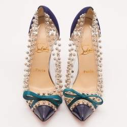 Pre Owned Christian Louboutin Transparent/Blue Studded PVC, Suede and Patent Leather Bille Et Boule Pumps Size 38.5