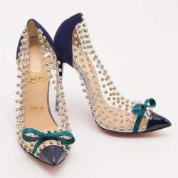Pre Owned Christian Louboutin Transparent/Blue Studded PVC, Suede and Patent Leather Bille Et Boule Pumps Size 38.5