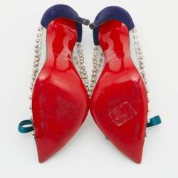 Pre Owned Christian Louboutin Transparent/Blue Studded PVC, Suede and Patent Leather Bille Et Boule Pumps Size 38.5
