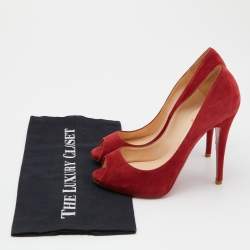 Pre Owned Christian Louboutin Red Suede Hyper Prive Peep Toe Platform Pumps Size 38.5