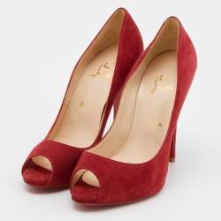 Pre Owned Christian Louboutin Red Suede Hyper Prive Peep Toe Platform Pumps Size 38.5