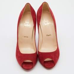 Pre Owned Christian Louboutin Red Suede Hyper Prive Peep Toe Platform Pumps Size 38.5