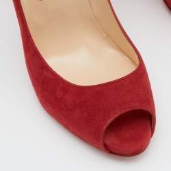 Pre Owned Christian Louboutin Red Suede Hyper Prive Peep Toe Platform Pumps Size 38.5