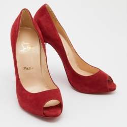 Pre Owned Christian Louboutin Red Suede Hyper Prive Peep Toe Platform Pumps Size 38.5