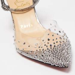 Pre Owned Christian Louboutin Silver Croc Embossed Leather and PVC Spikaqueen Ankle Strap Pumps Size 37.5
