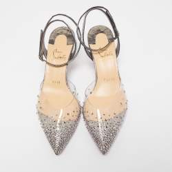 Pre Owned Christian Louboutin Silver Croc Embossed Leather and PVC Spikaqueen Ankle Strap Pumps Size 37.5