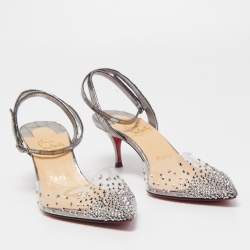 Pre Owned Christian Louboutin Silver Croc Embossed Leather and PVC Spikaqueen Ankle Strap Pumps Size 37.5