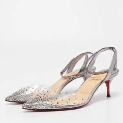 Pre Owned Christian Louboutin Silver Croc Embossed Leather and PVC Spikaqueen Ankle Strap Pumps Size 37.5