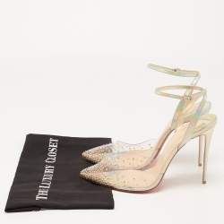 Pre Owned Christian Louboutin Transparent Iridescent Patent Leather and PVC Spikaqueen Ankle-Strap Pumps Size 41.5